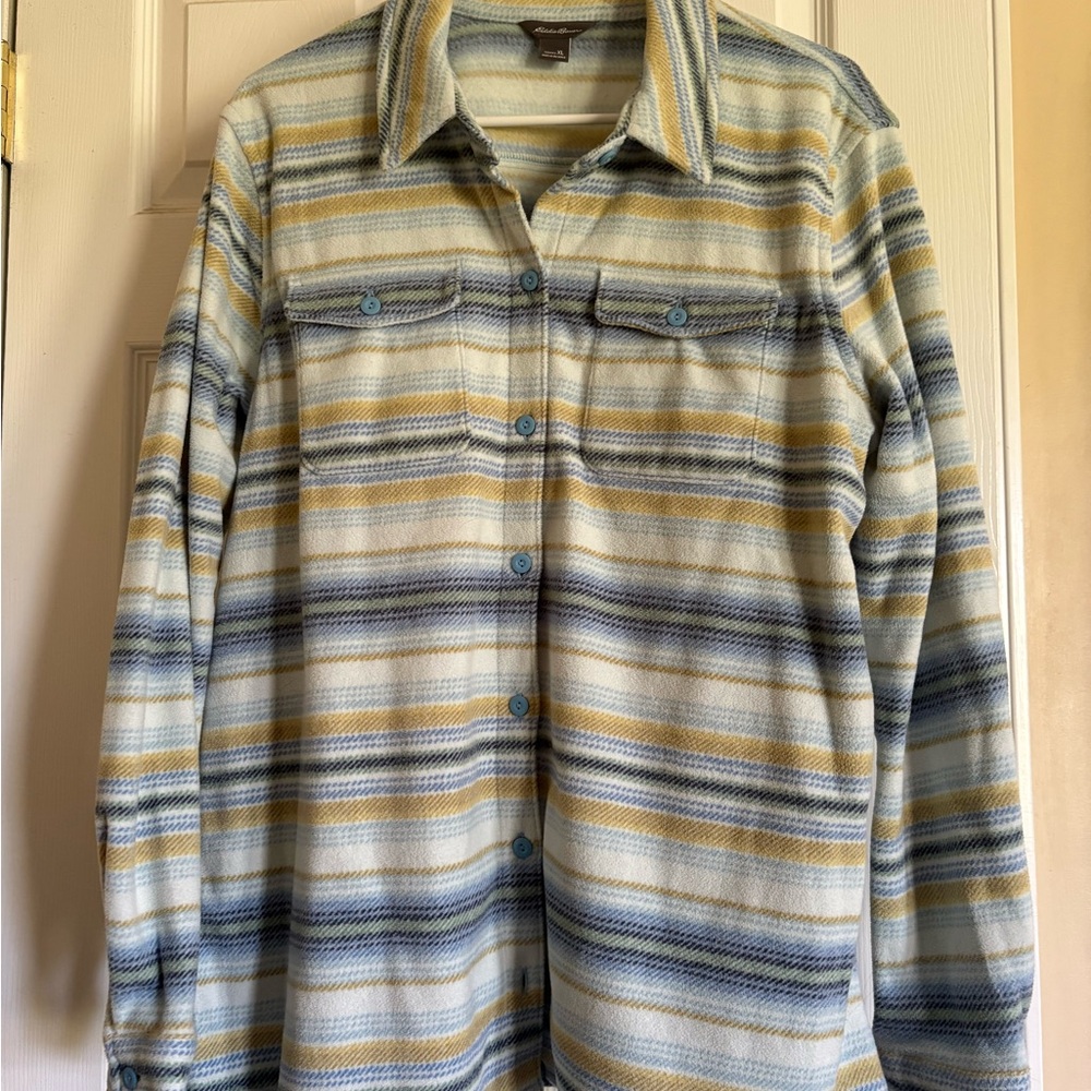 Women’s Eddie Bauer XL Striped Button-Up Fleece Shirt - Yellow, Blue, Green